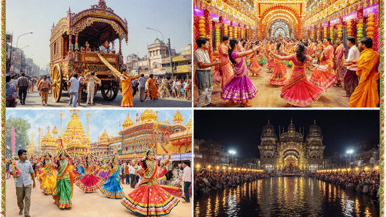 A collage of five Indian festivals: Rath Yatra chariots, Durga Puja pandals, Garba dancers, Tirumala procession, and Shiva worship on the Ganges.