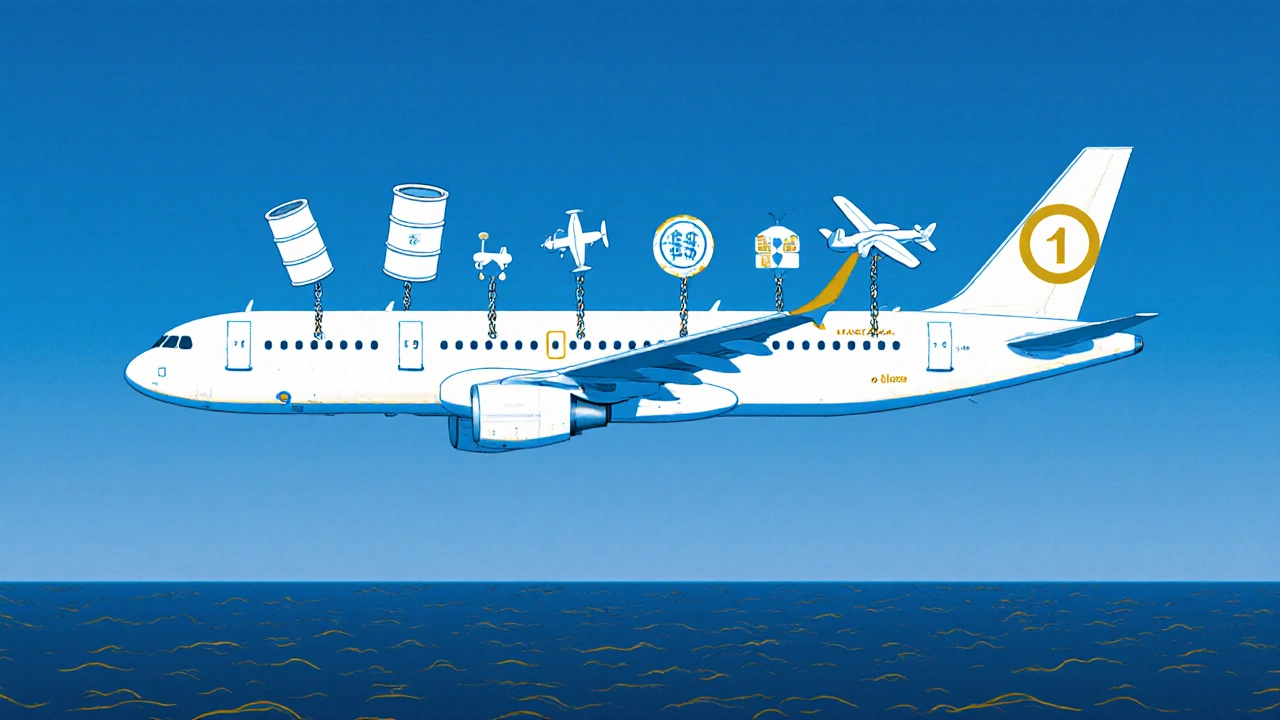 Airplane with icons of fuel, fees, and transfers chained to it, symbolizing hidden travel costs.