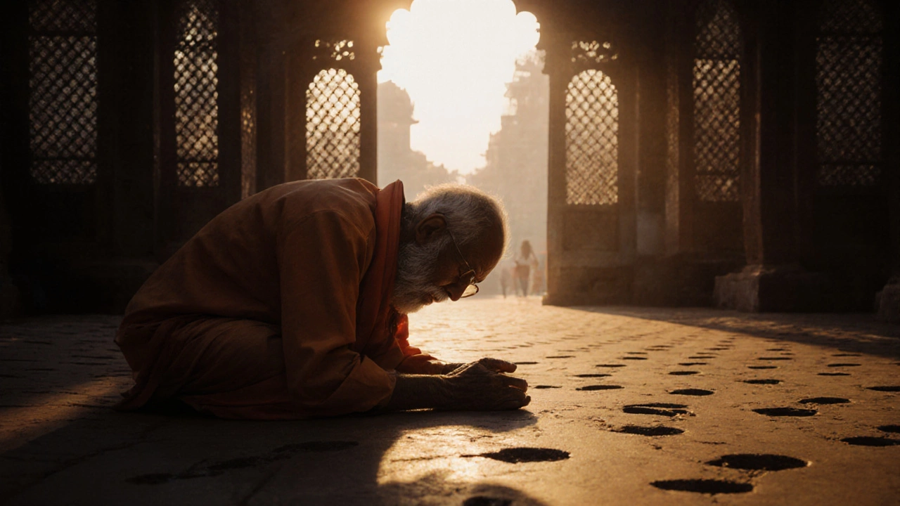 An elderly pilgrim touching his forehead to the stone floor in Varanasi, surrounded by centuries of footsteps and soft temple light.