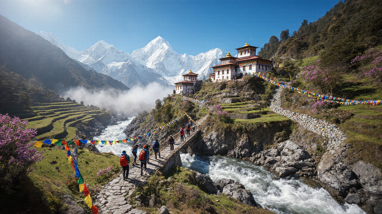Annapurna Circuit trail with terraced fields, snow‑capped peaks, teahouses, and trekkers crossing a bridge.