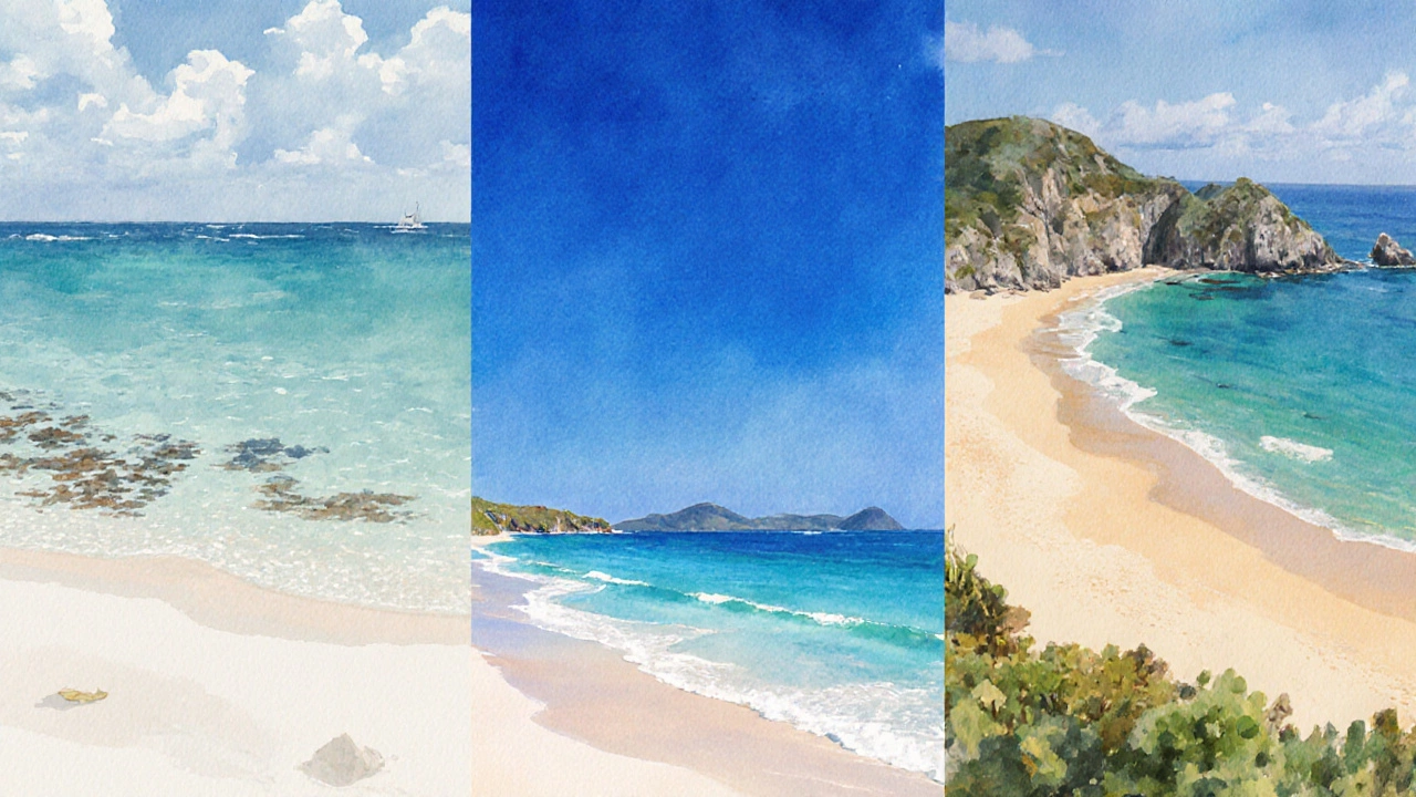 Artistic trio of beaches: Grace Bay, Whitehaven, and Baía do Sancho side by side.