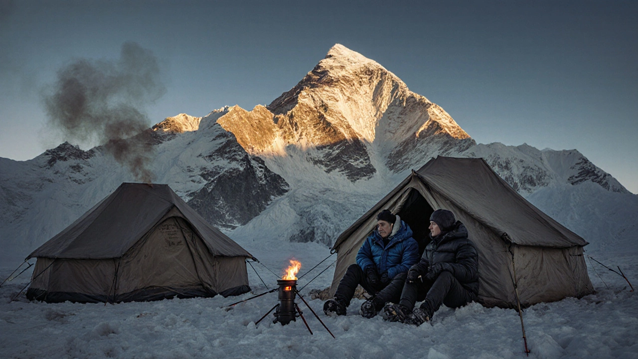 Camp at K2 Base Camp at sunrise, tents illuminated, trekkers gazing at the massive peak after the climb.