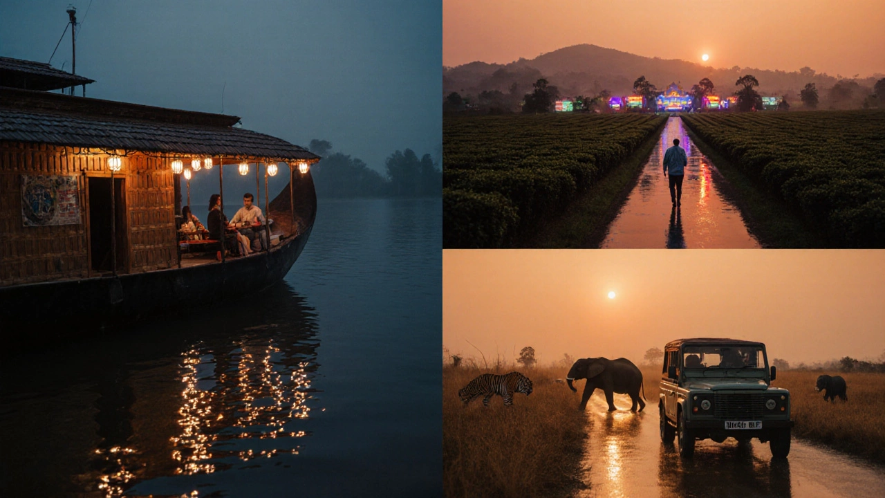 Cinematic scene of a houseboat, tea plantations, Bangalore street, and wildlife safari in Bandipur at sunset.