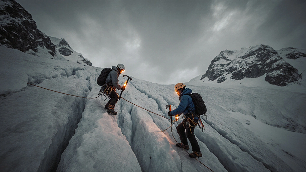 Climbers crossing a crevassed glacier on the Abruzzi Ridge, using crampons, ropes, and ice axes under stormy skies.