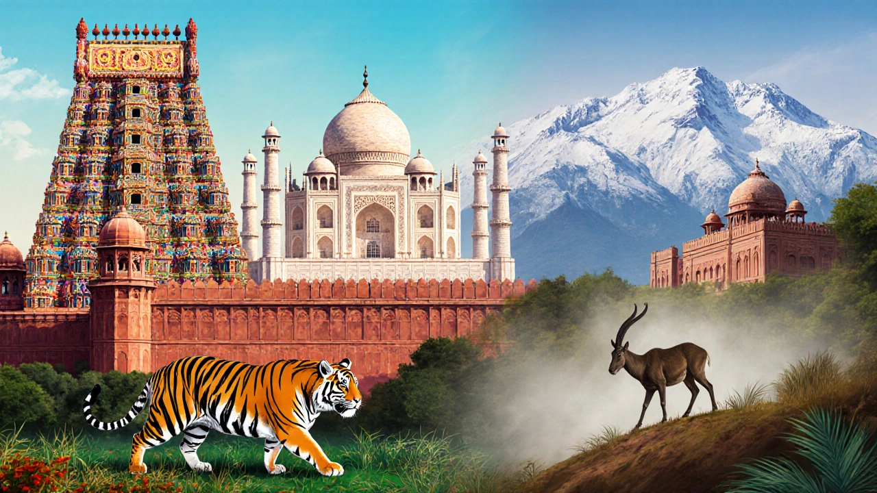 Collage of Meenakshi Temple, Mysore Palace, Taj Mahal, Amber Fort with tiger, tahr, and ibex wildlife.