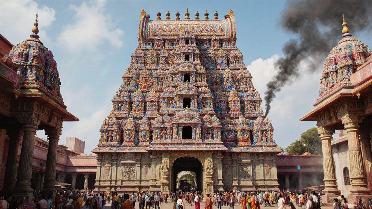 Colorful gopurams of Meenakshi Temple crowded with devotees.