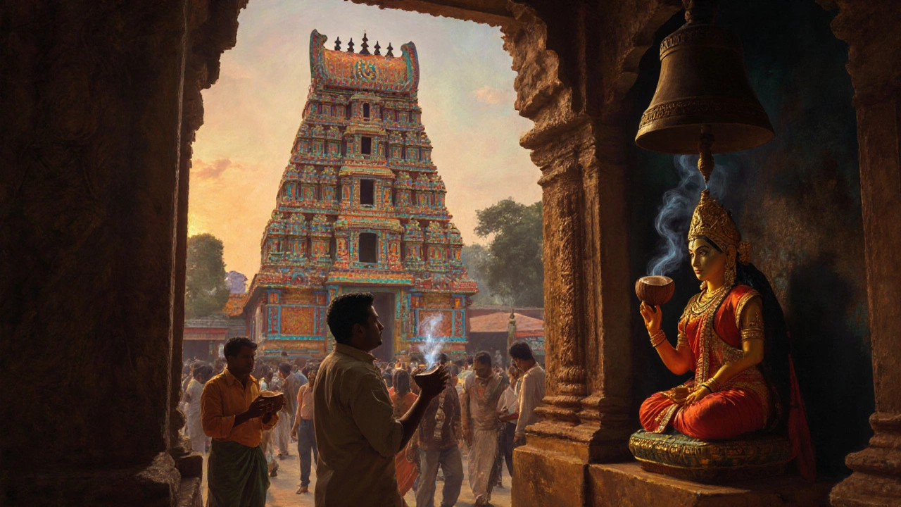 Devotees offering prayers in a colorful South Indian temple with towering gopurams and incense swirling in golden light.
