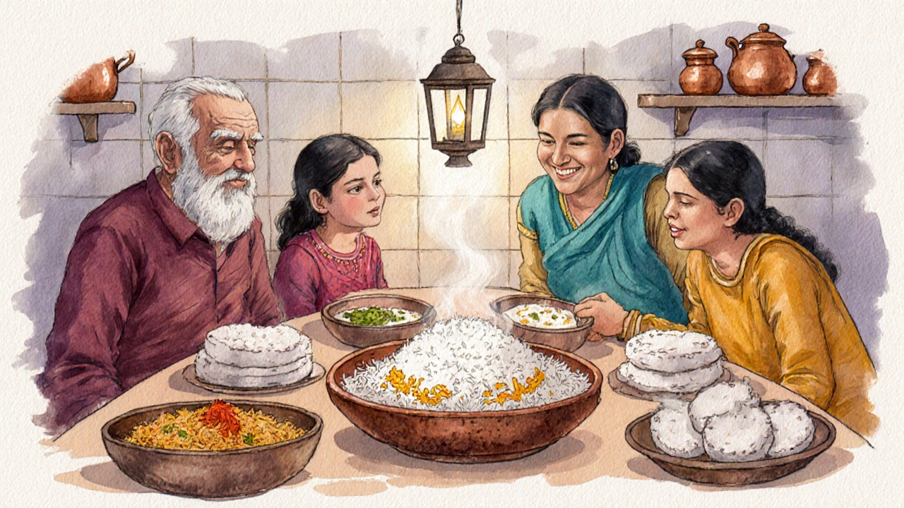 Family dinner with curd rice, biryani, and idli on a colorful table in a home kitchen.
