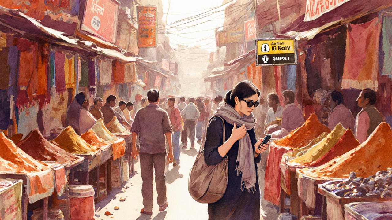 Female traveler in busy Amritsar market, zippered bag tight, watching vendors.
