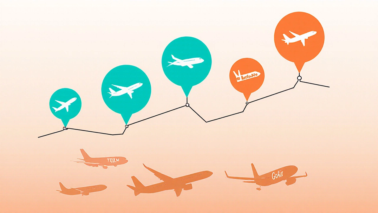 Flat illustration of a weekly timeline with airplane icons showing lower mid‑week fares.
