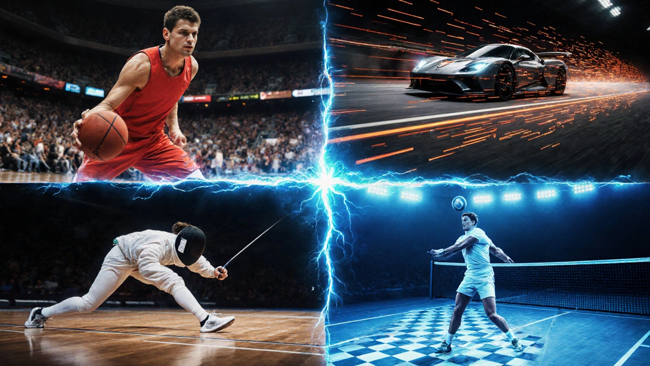 Four action panels showing basketball point guard, Formula 1 car, fencer, and tennis player merging.