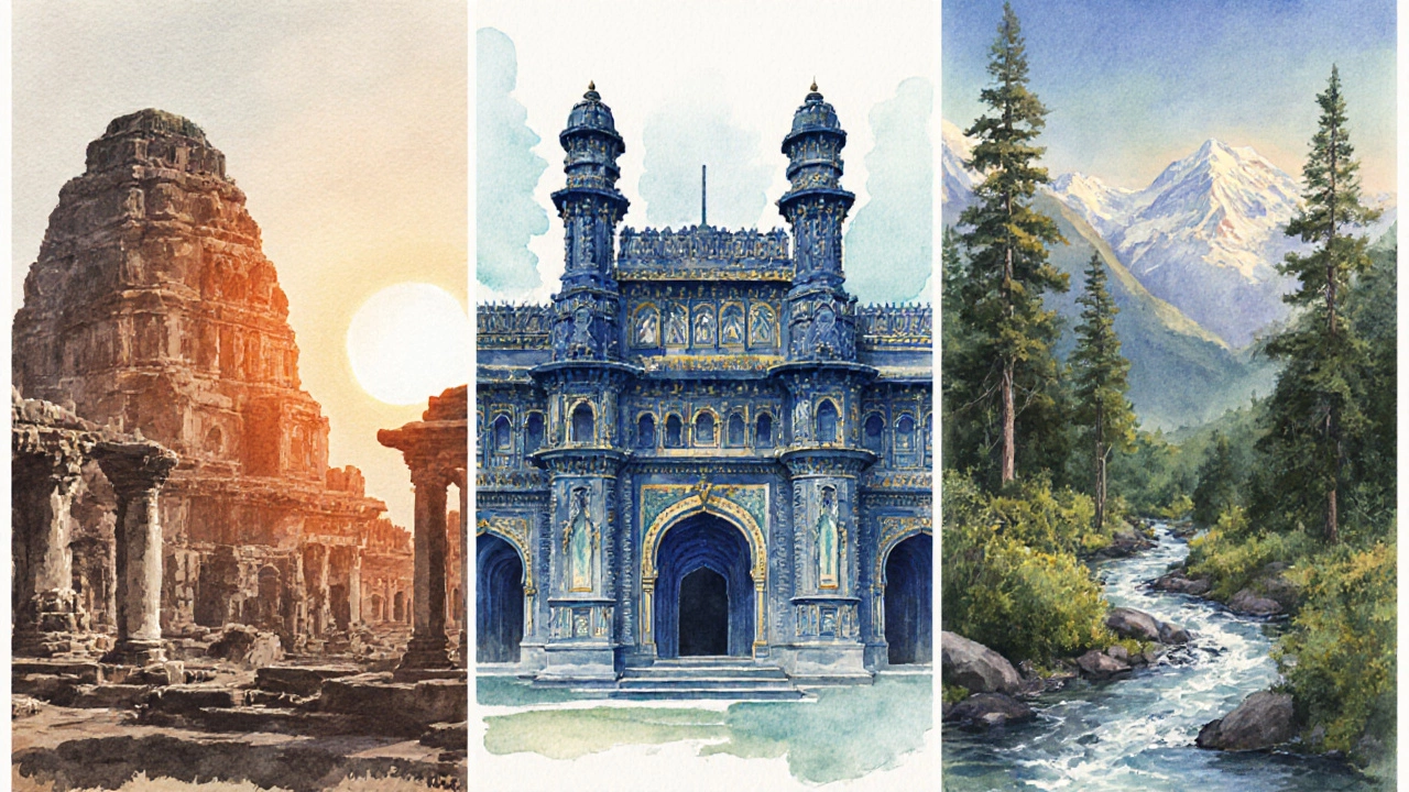 Illustration of Hampi ruins, Shivaji Terminus, and Great Himalayan National Park together.