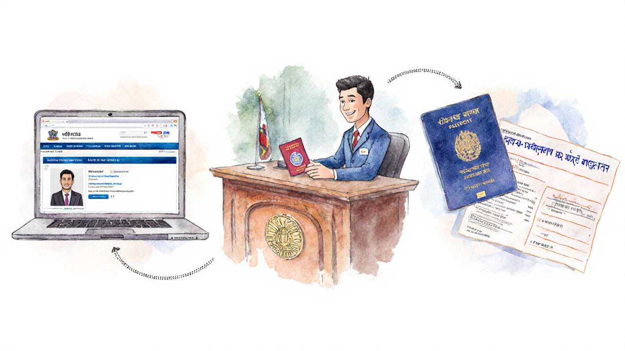 Illustration of laptop e‑visa form, embassy desk with visa sticker, and passport with ticket.