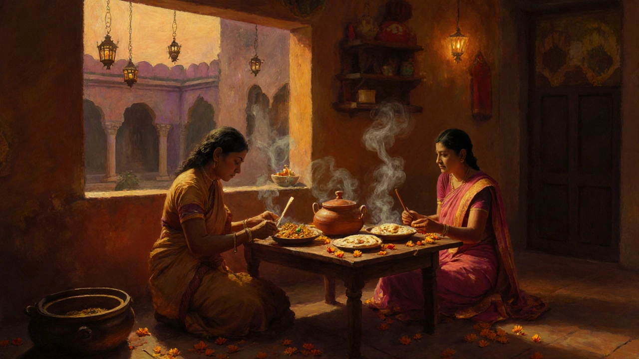 Indian family serving dal and roti to an American guest in a warm home kitchen.