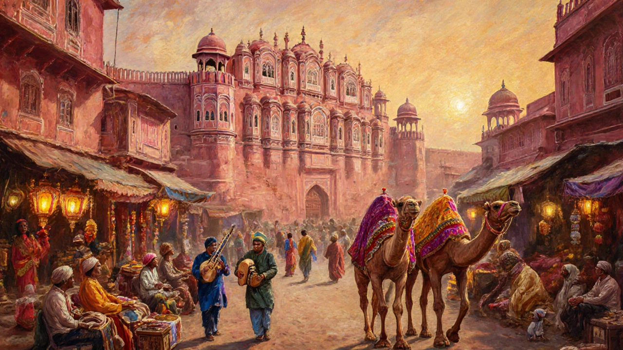 Jaipur market at dusk with City Palace, colorful stalls, musicians, and camels hinting at Pushkar Fair.
