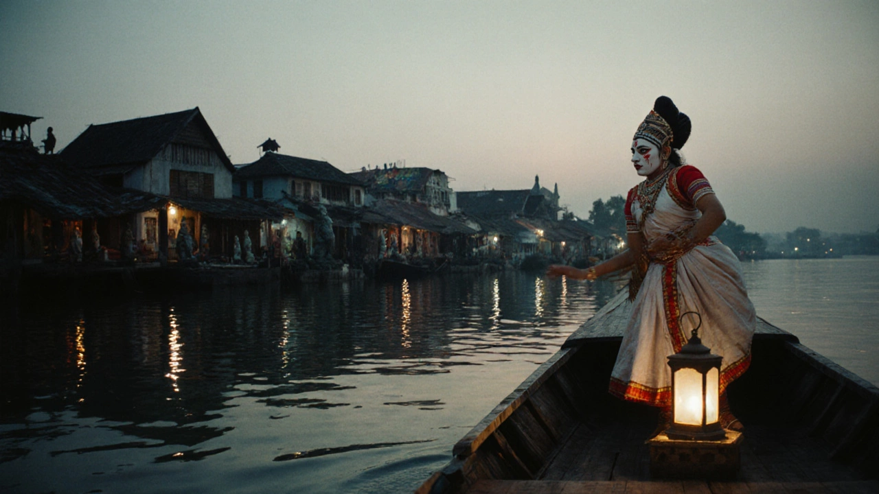 Kerala houseboat at sunrise with Kochi waterfront art scene and a Kathakali dancer on a platform.