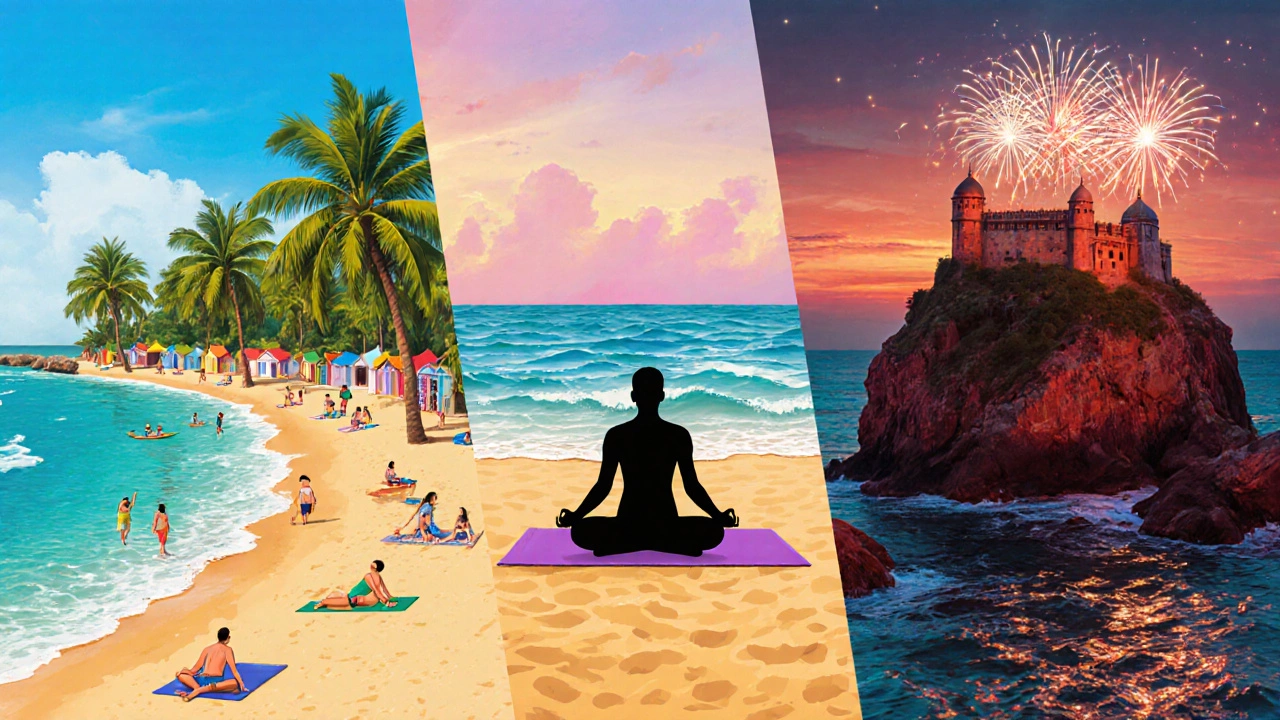 Montage of Palolem, Agonda, and Vagator beaches highlighting crescent sand, yoga on golden shore, and red‑cliff sunset.