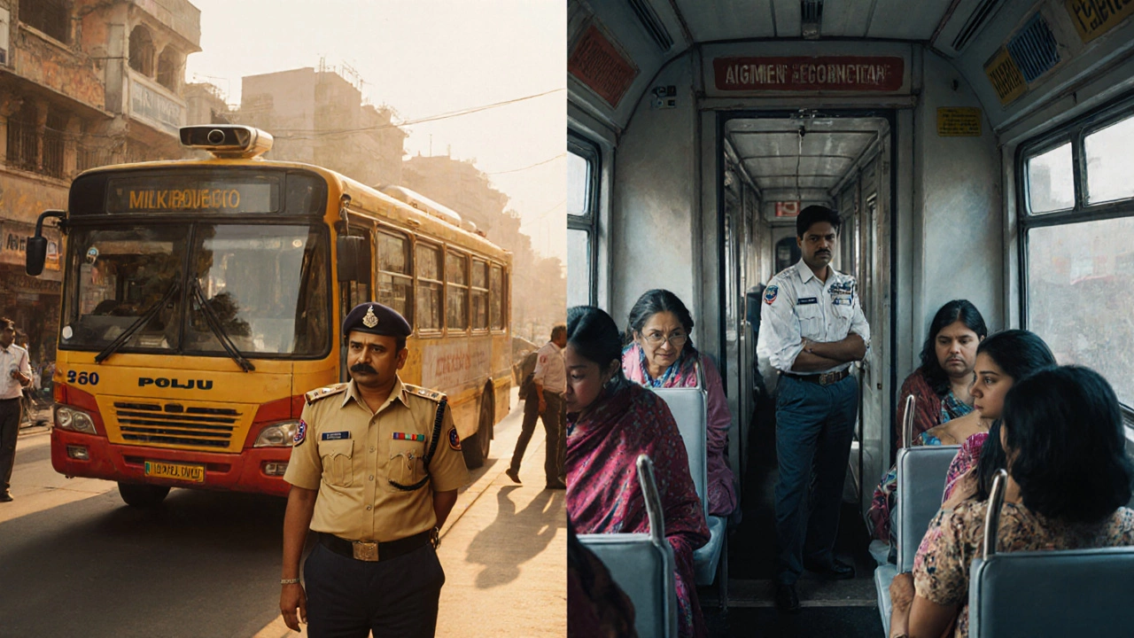 Mumbai police officer with CCTV bus and Delhi Metro women‑only coach security guard.
