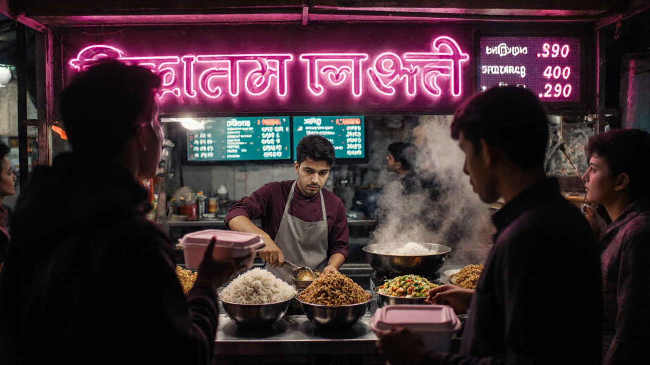 Night street stall serving rice bowls, with neon lights and urban crowd.