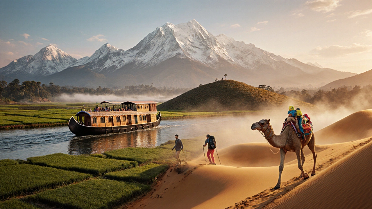 Panoramic scene of houseboat, coffee hill trek, camel safari, and Himalayan trek.