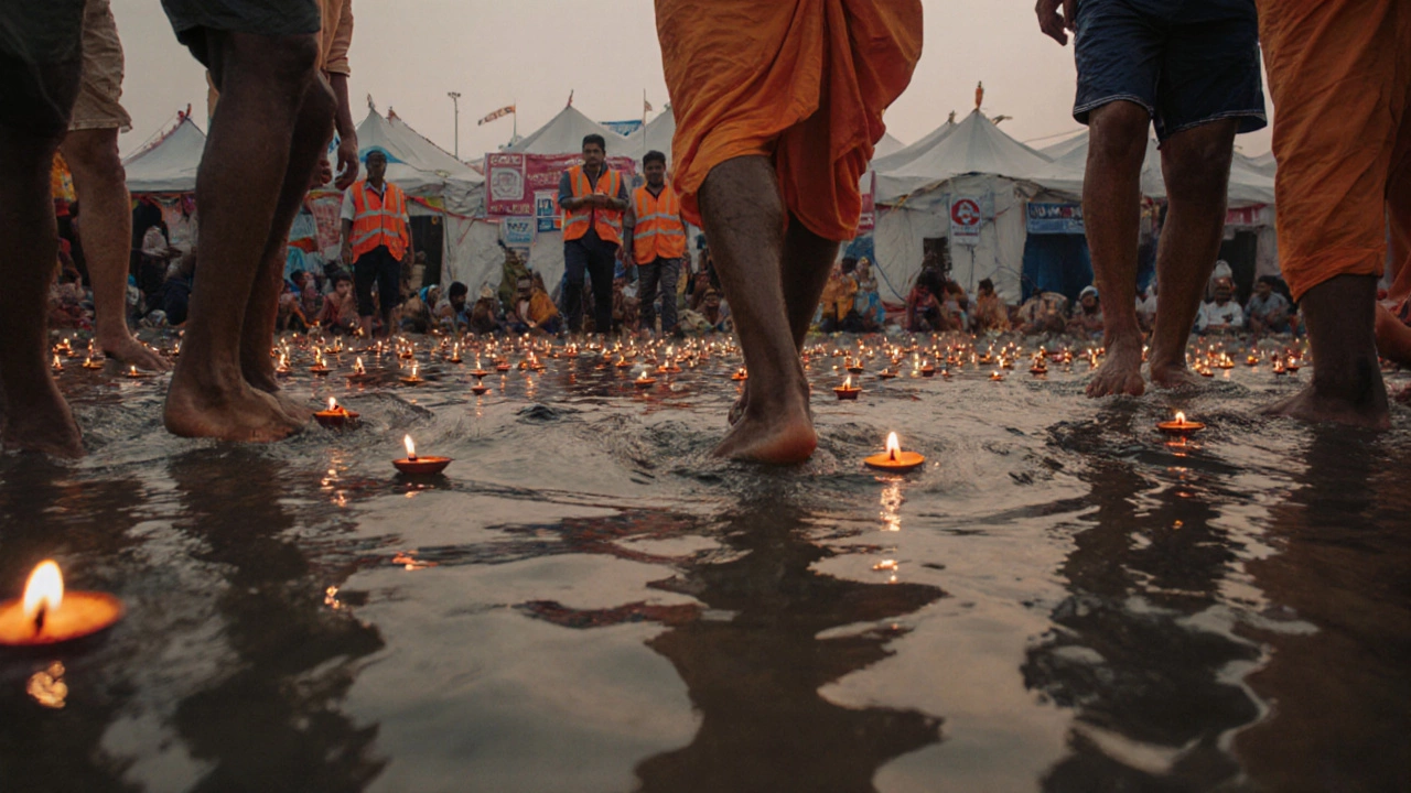 Pilgrims performing the royal bath in the Triveni Sangam, with tents and medical camps visible nearby.