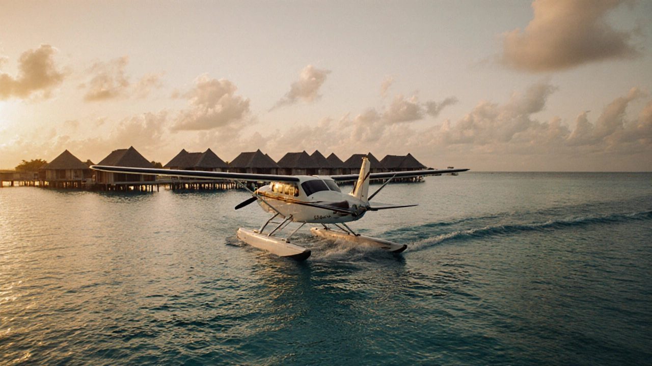 Seaplane flying over turquoise lagoons toward an overwater bungalow at sunset.