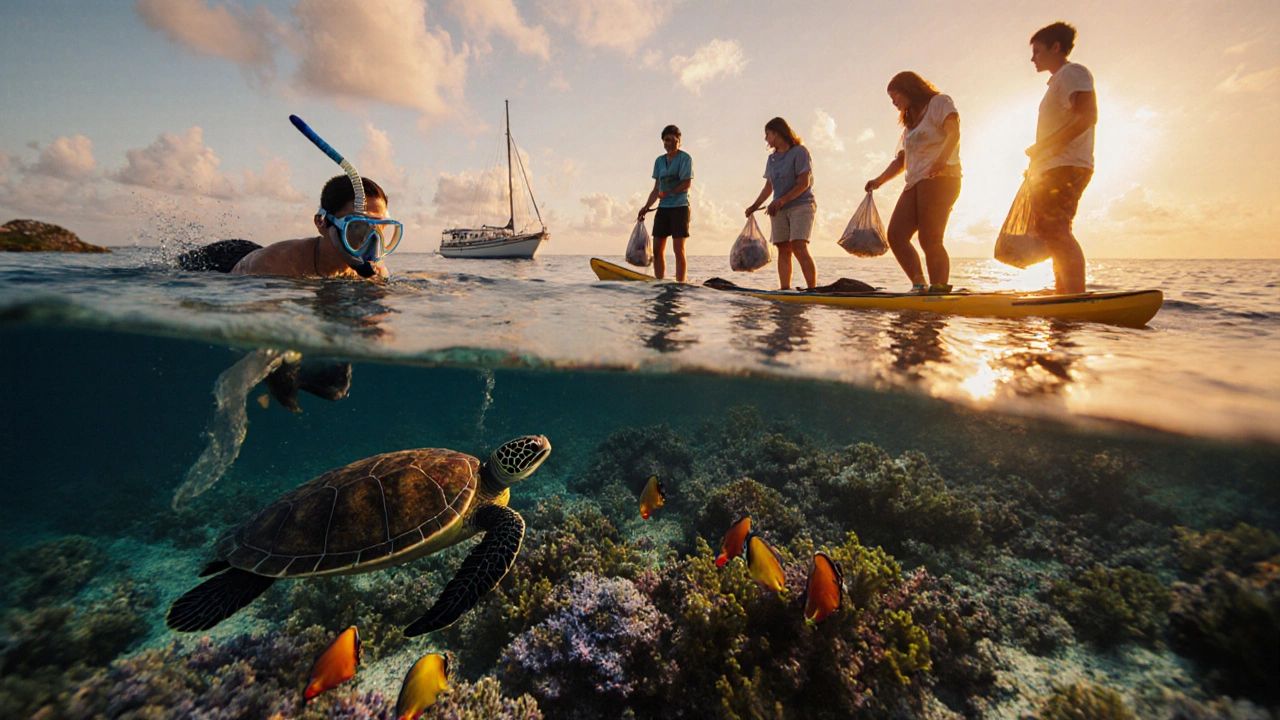 Snorkeler, beach cleanup volunteers, and sunset cruise on Grace Bay at golden hour.