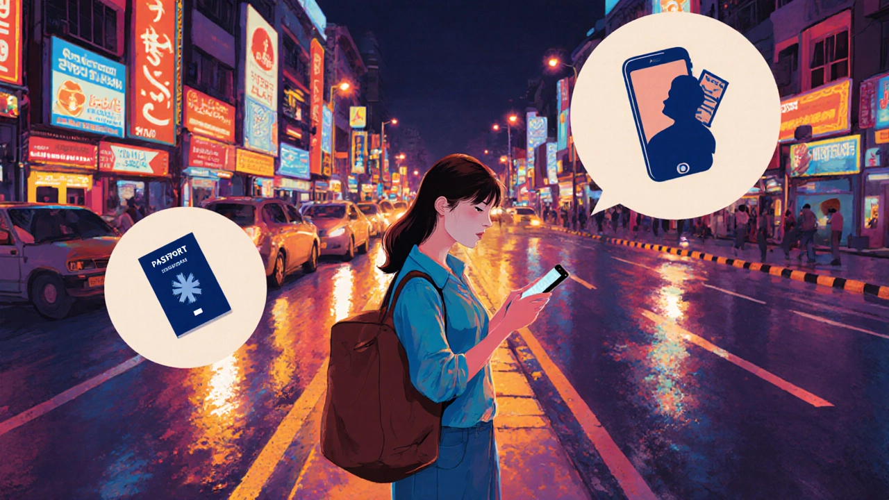 Solo traveler waiting for rideshare on a well‑lit Mumbai street at night.