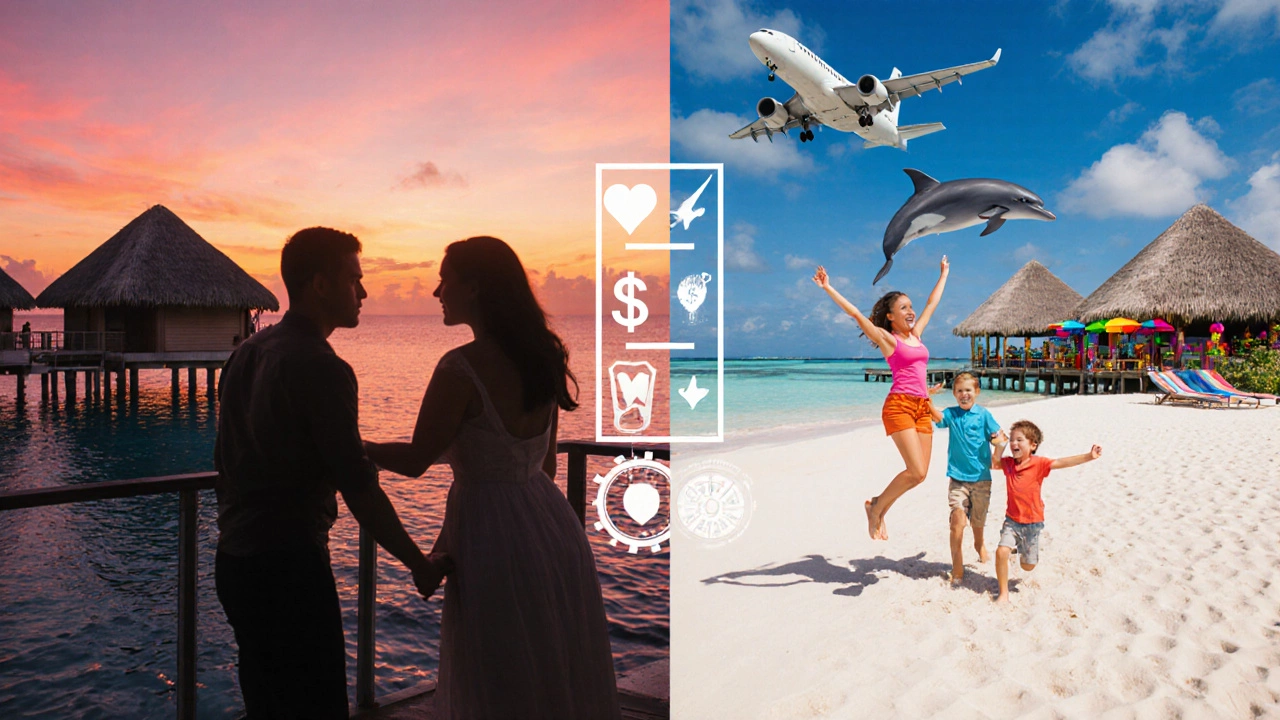 Split-screen of a honeymoon couple in Bora Bora and a family in Mauritius.