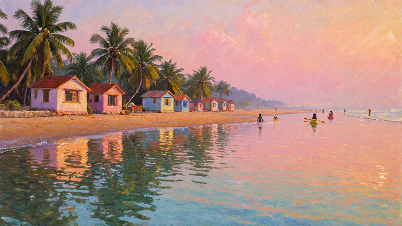 Sunrise over Palolem’s half‑moon bay with pastel shacks, swaying palms, calm turquoise water and kayakers.