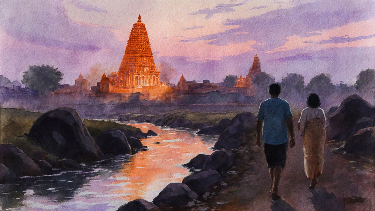 Traveler and guide approaching Virupaksha Temple at sunset.
