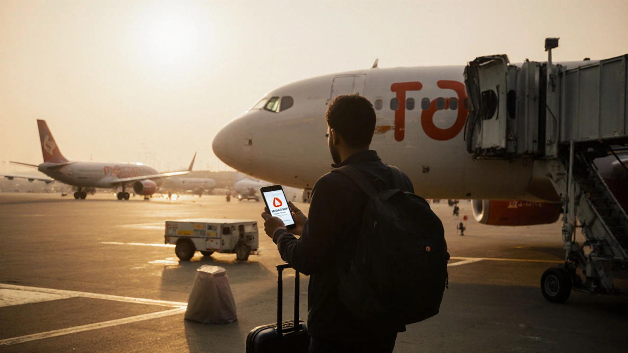 Traveler boarding a plane at a secondary airport with sunset light and phone notification.