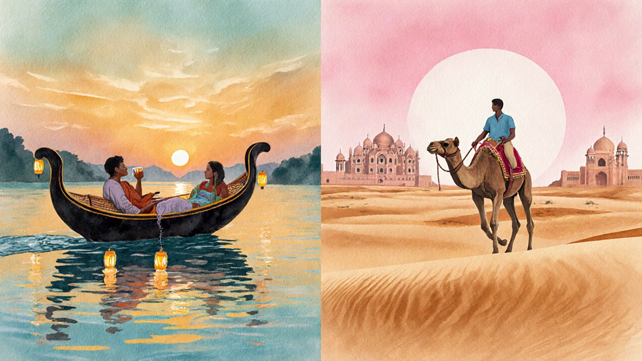 Traveler on Kerala houseboat at sunset beside camel rider in Jaisalmer desert at sunrise.