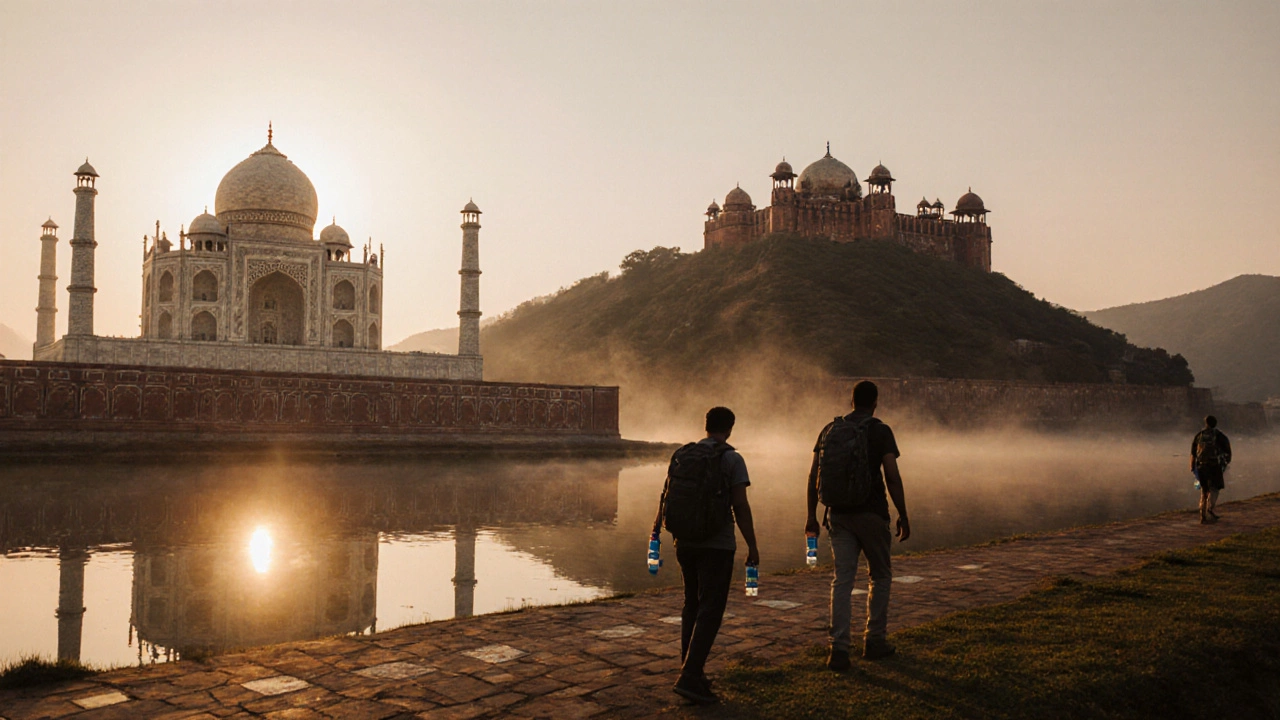 Travelers touring Golden Triangle sites under sunrise sky.