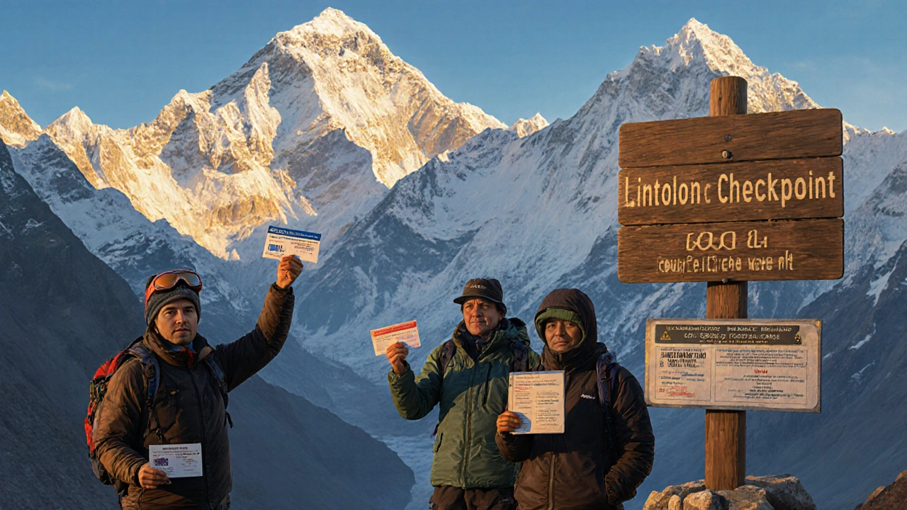 Trekker showing TIMS, park, and base camp permits at a checkpoint with Everest peaks in background.