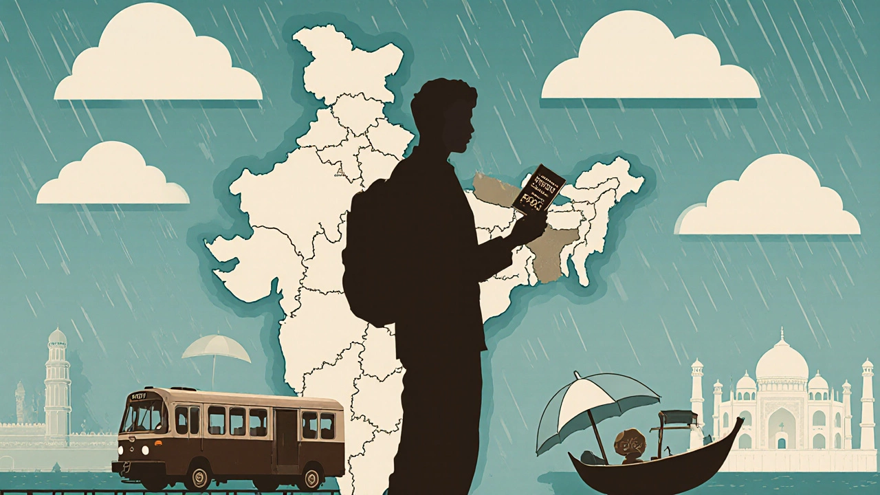 Vintage poster of a traveler with rail pass surrounded by transport icons.
