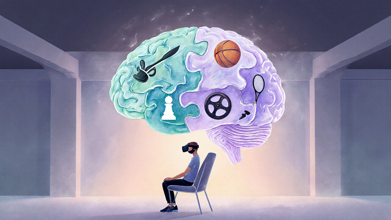 Watercolor brain made of sport icons hovering over a person using a VR headset in a studio.