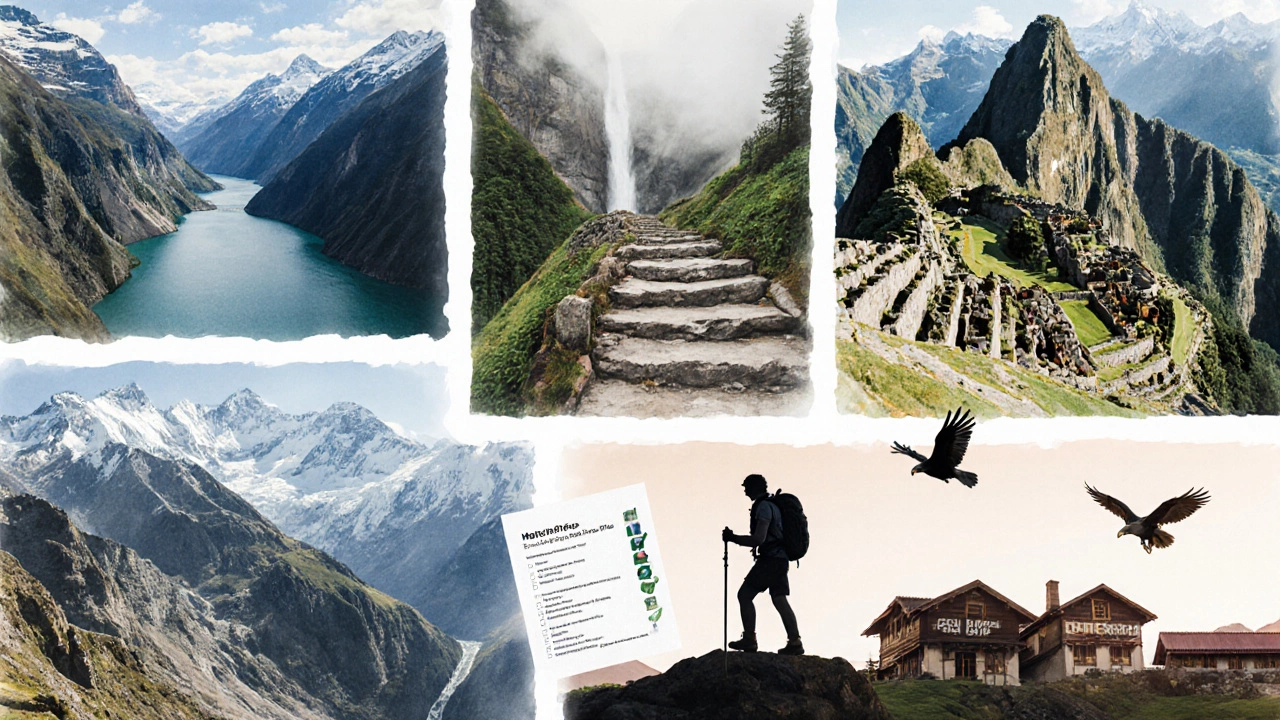Watercolor collage of iconic treks: Milford Track, Inca Trail, West Coast Trail, Haute Route, and Himalayas.
