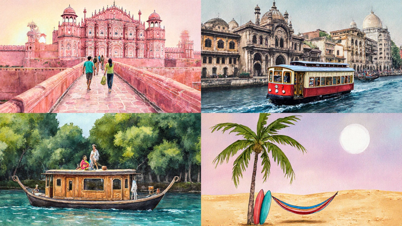 Watercolor collage of Jaipur fort, Kolkata tram, Kerala backwaters, and Goa beach.