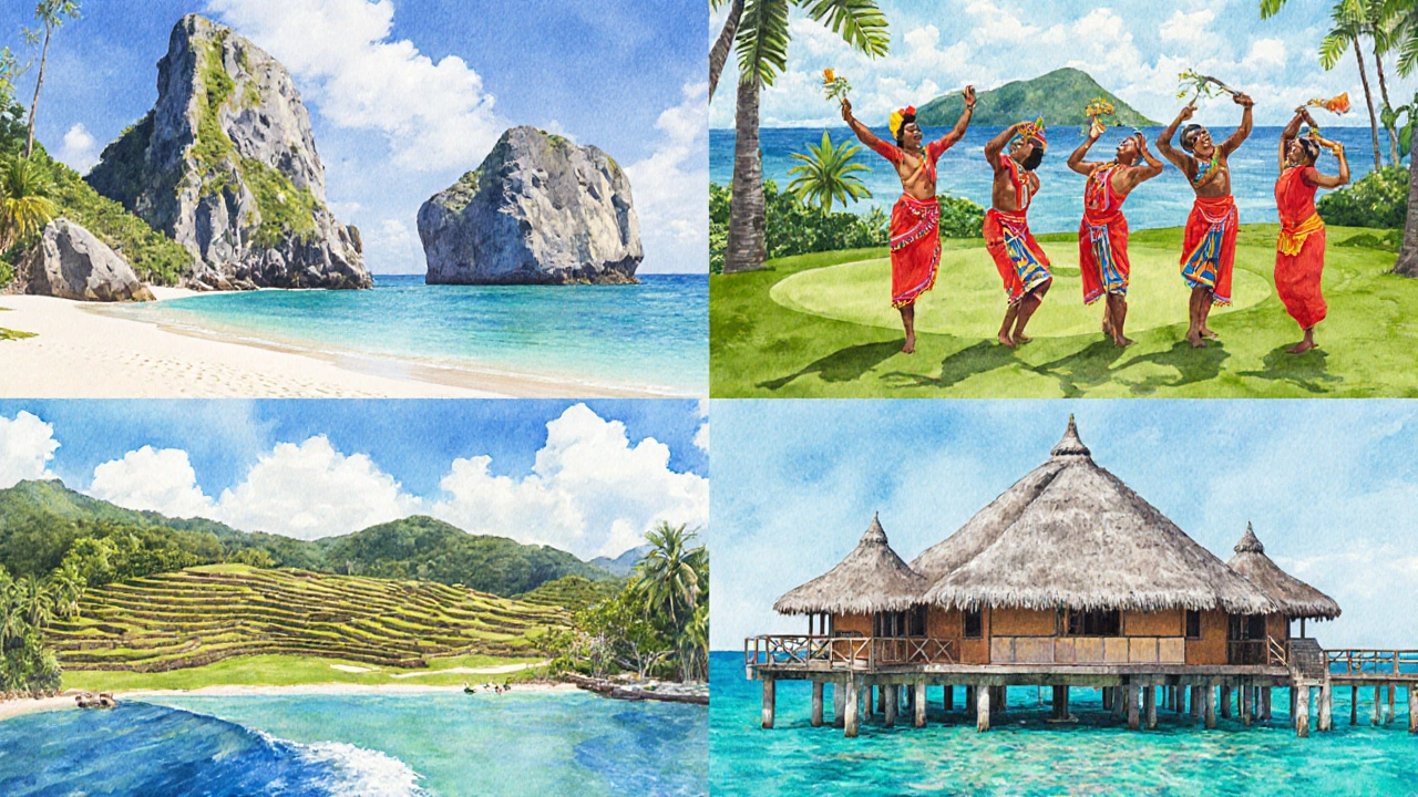 Watercolor collage of Seychelles, Mauritius, Bali, and Bora Bora islands.