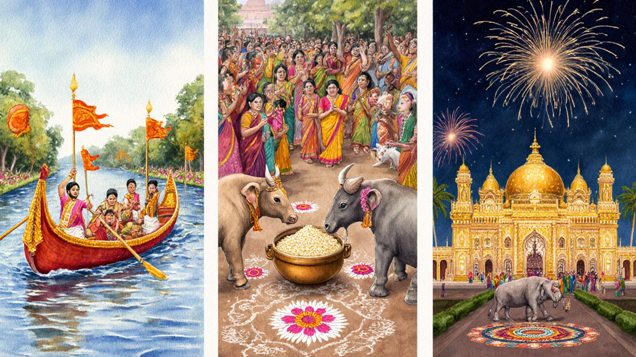 Watercolor triptych of Onam boat race, Pongal village celebration, and Mysore Dasara palace illumination.