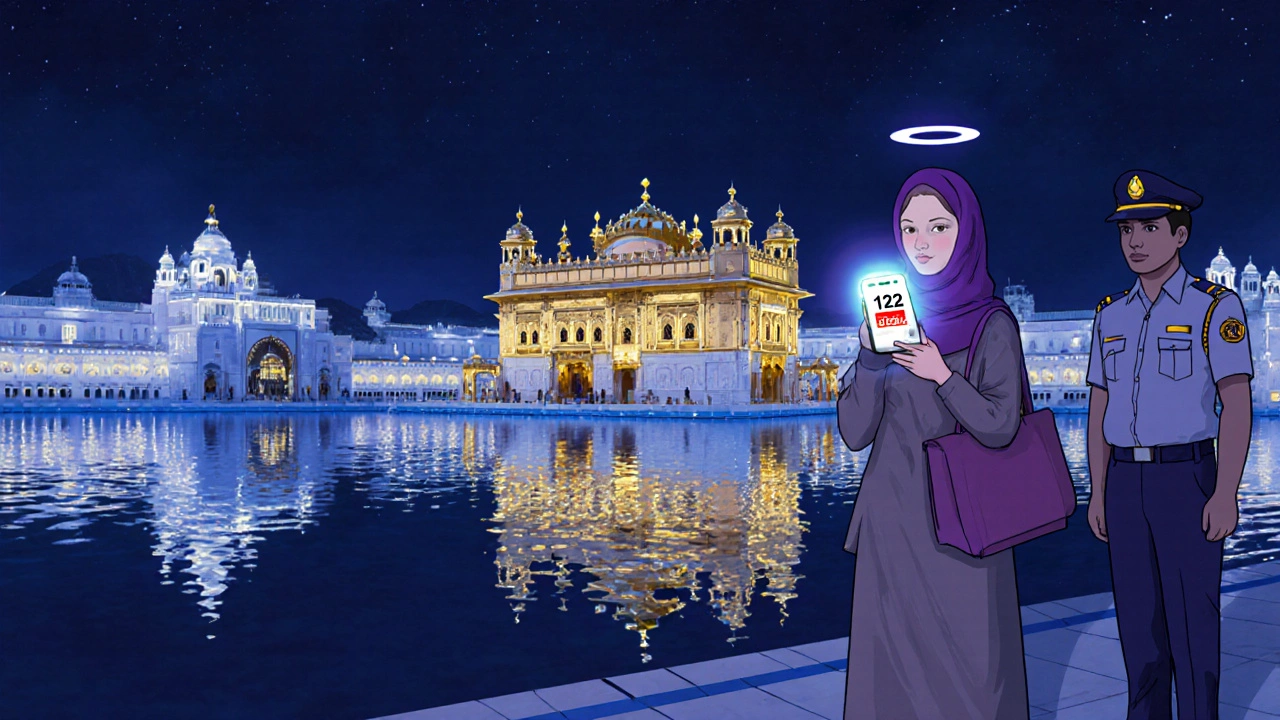 Woman at night by lit Golden Temple, phone showing 112 emergency number, police nearby.