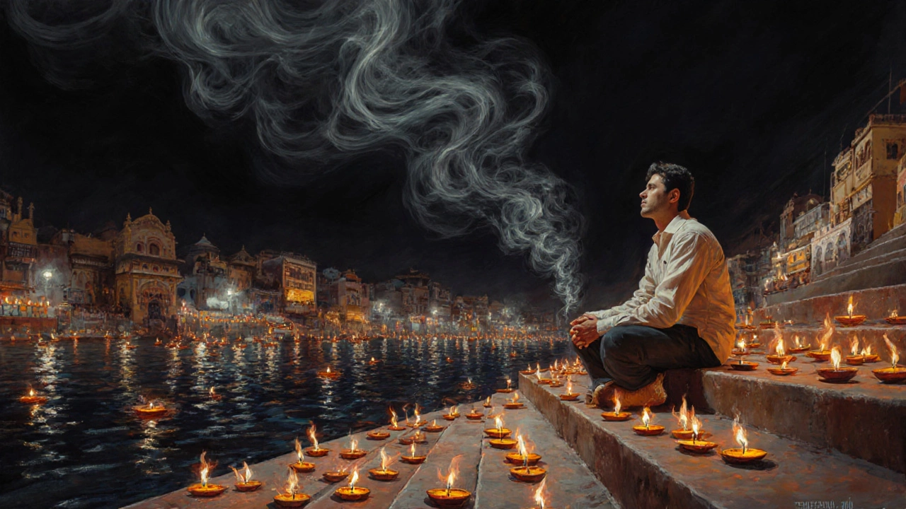 A visitor meditates in reverence at night on the ghats of Varanasi as oil lamps float on the Ganges.