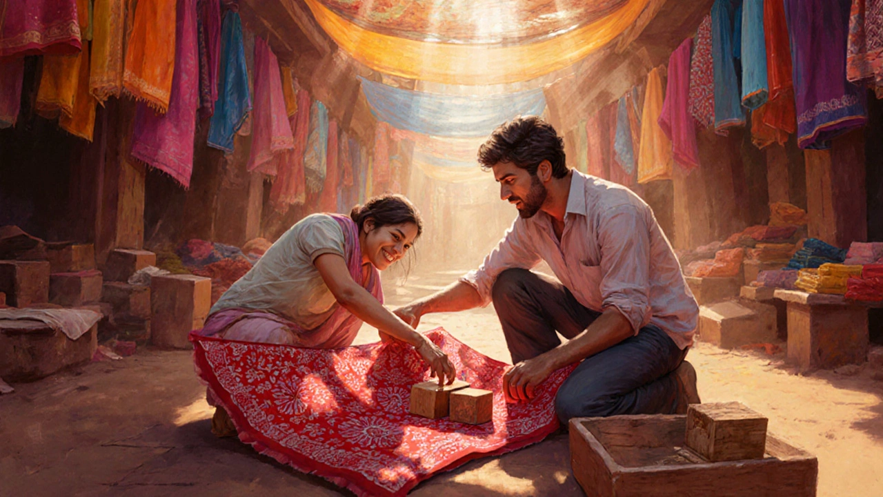 An American traveler learns hand-block printing from a local artisan in Jaipur, surrounded by vibrant textiles.
