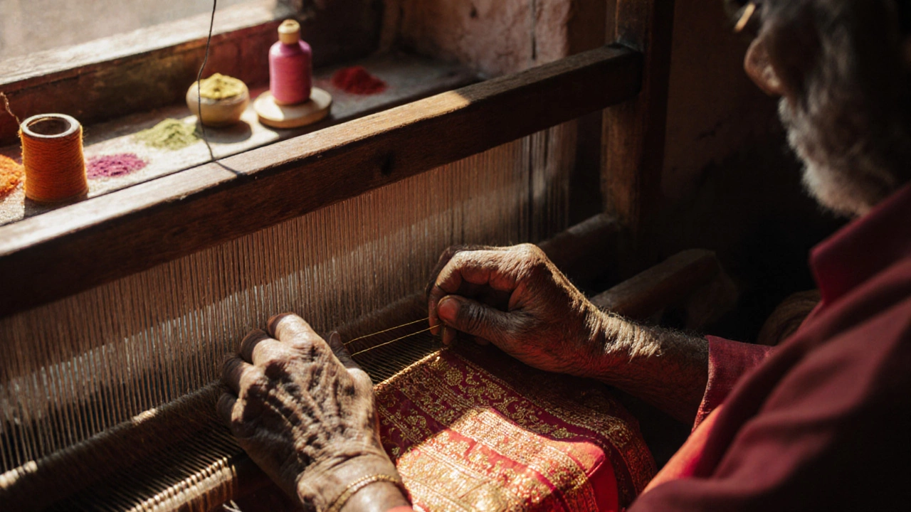 Elderly weaver&#039;s hands crafting gold-threaded silk sari on a wooden loom.