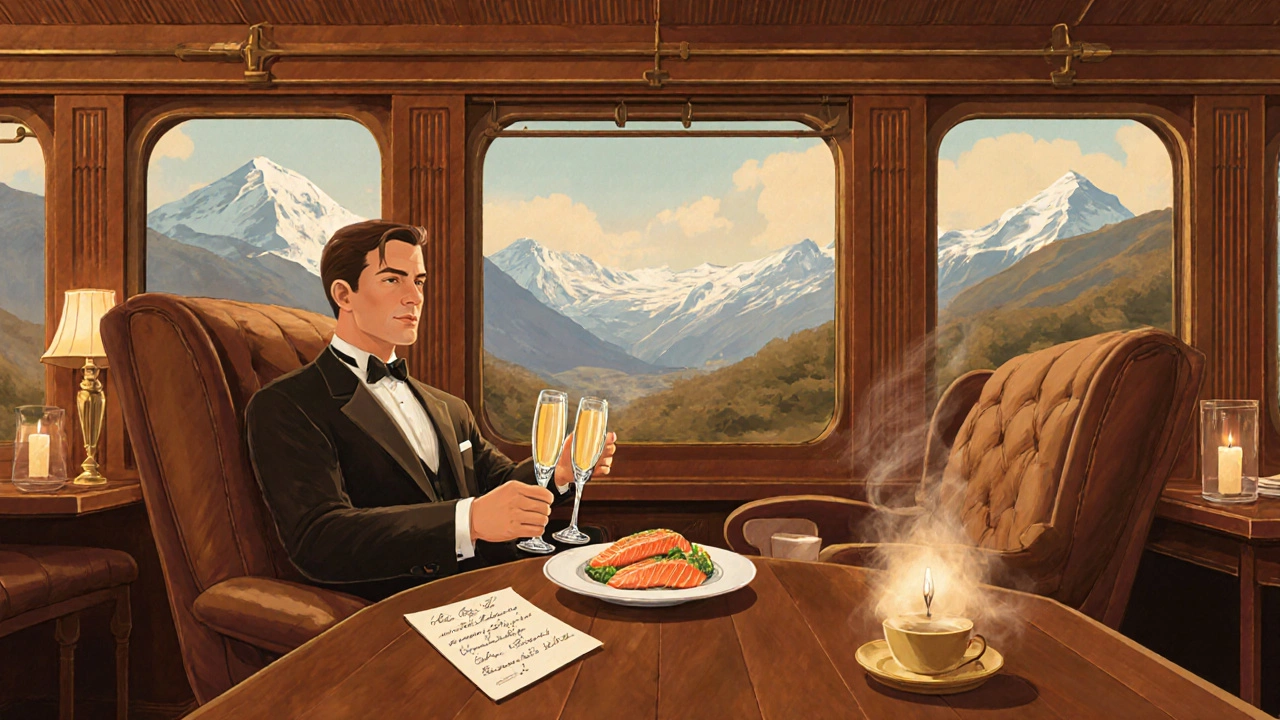 Elegant train interior with champagne service, wood paneling, and mountain views.