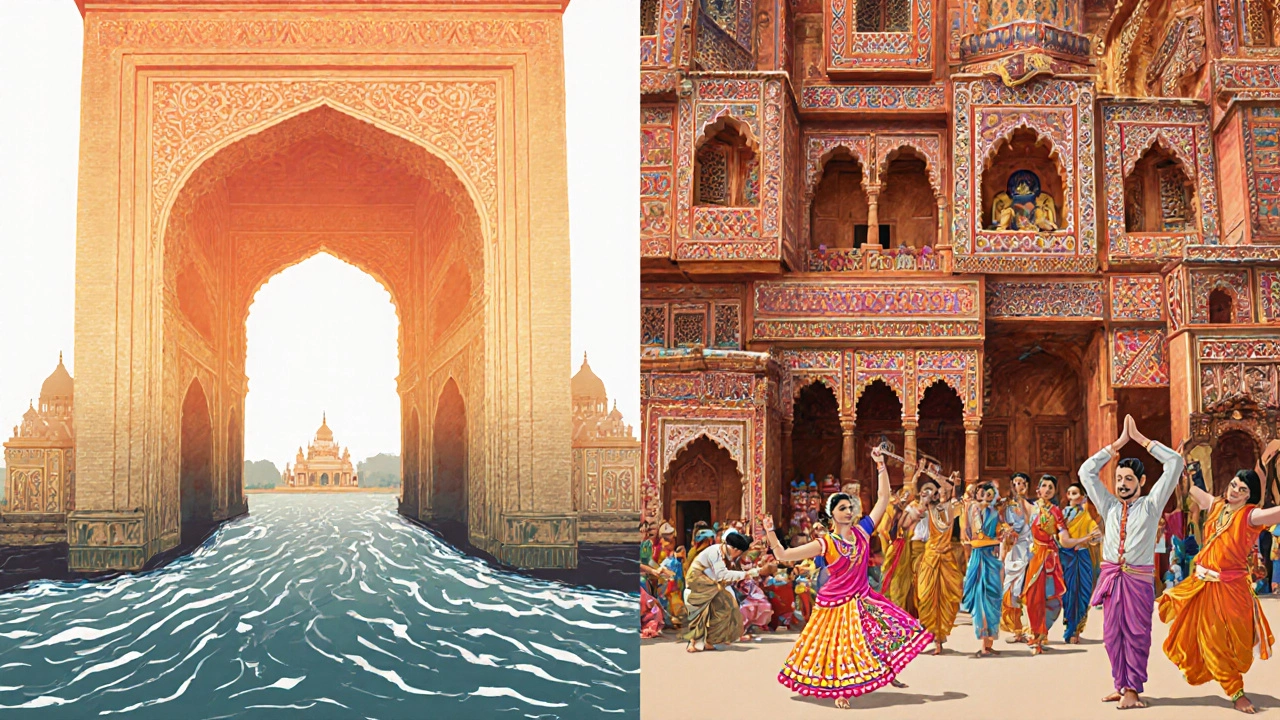 Layered cultural scene of Mughal, Buddhist, and Nawabi heritage in Uttar Pradesh.