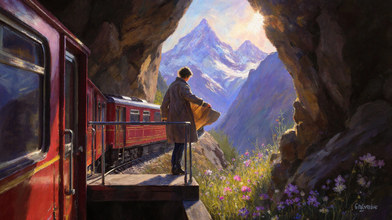 Passenger on open viewing platform of a train amid dramatic mountain landscape.