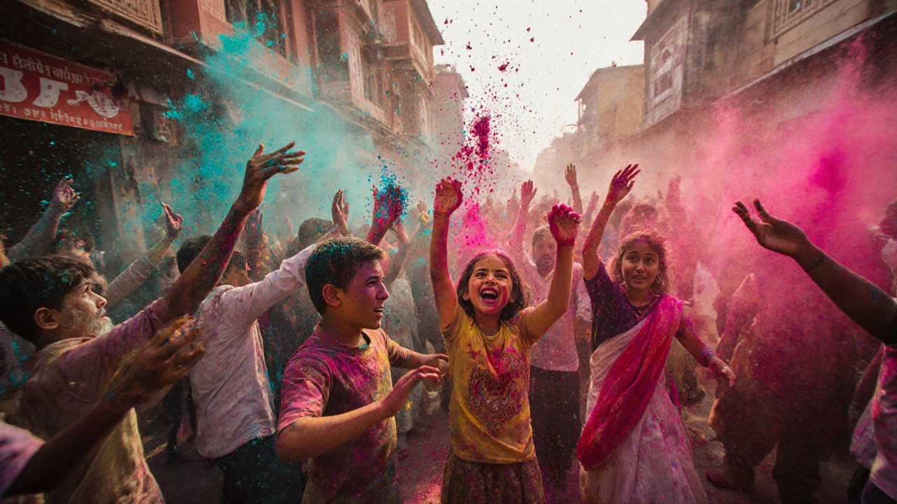 People celebrating Holi with colorful powder in vibrant street festivities.