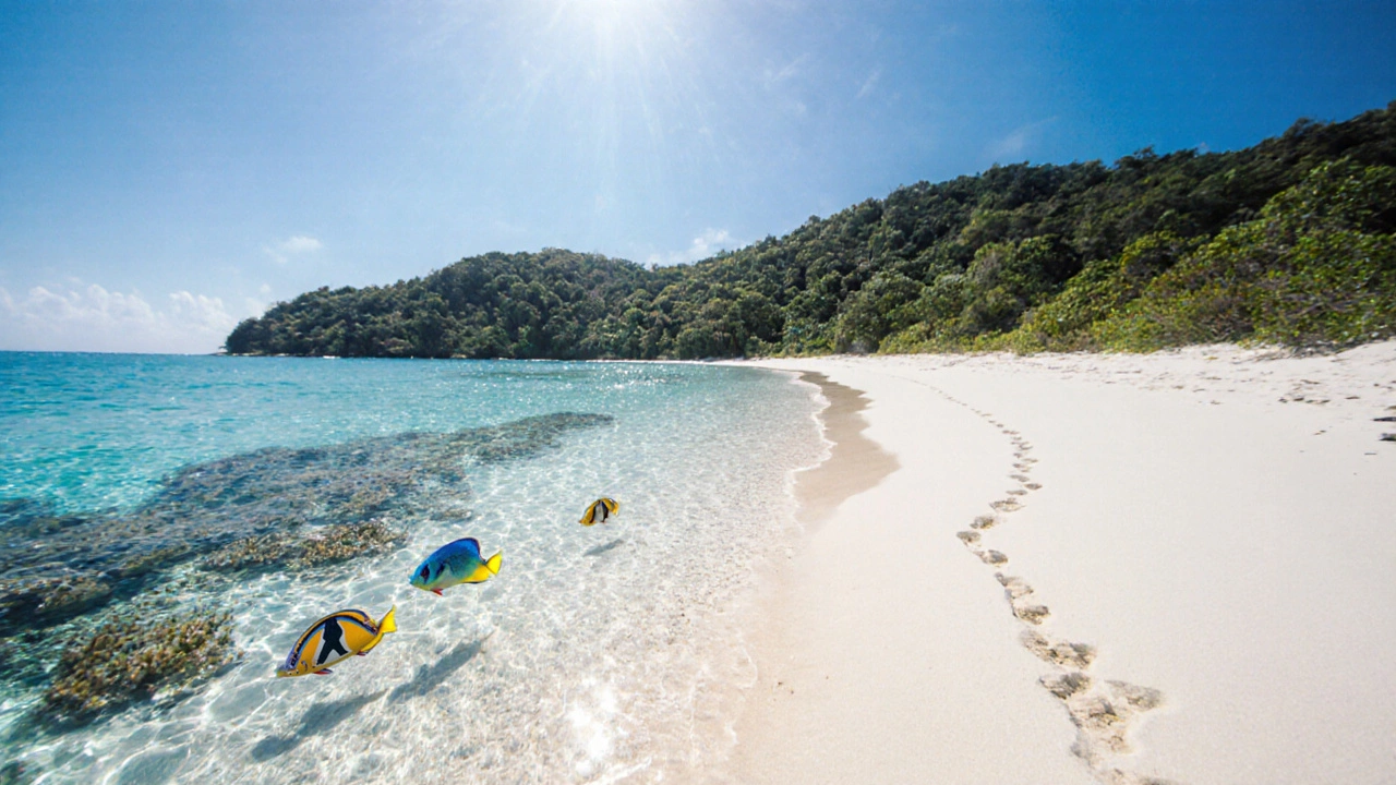 Pristine Radhanagar Beach in Andaman with clear water and footprints leading to the horizon.